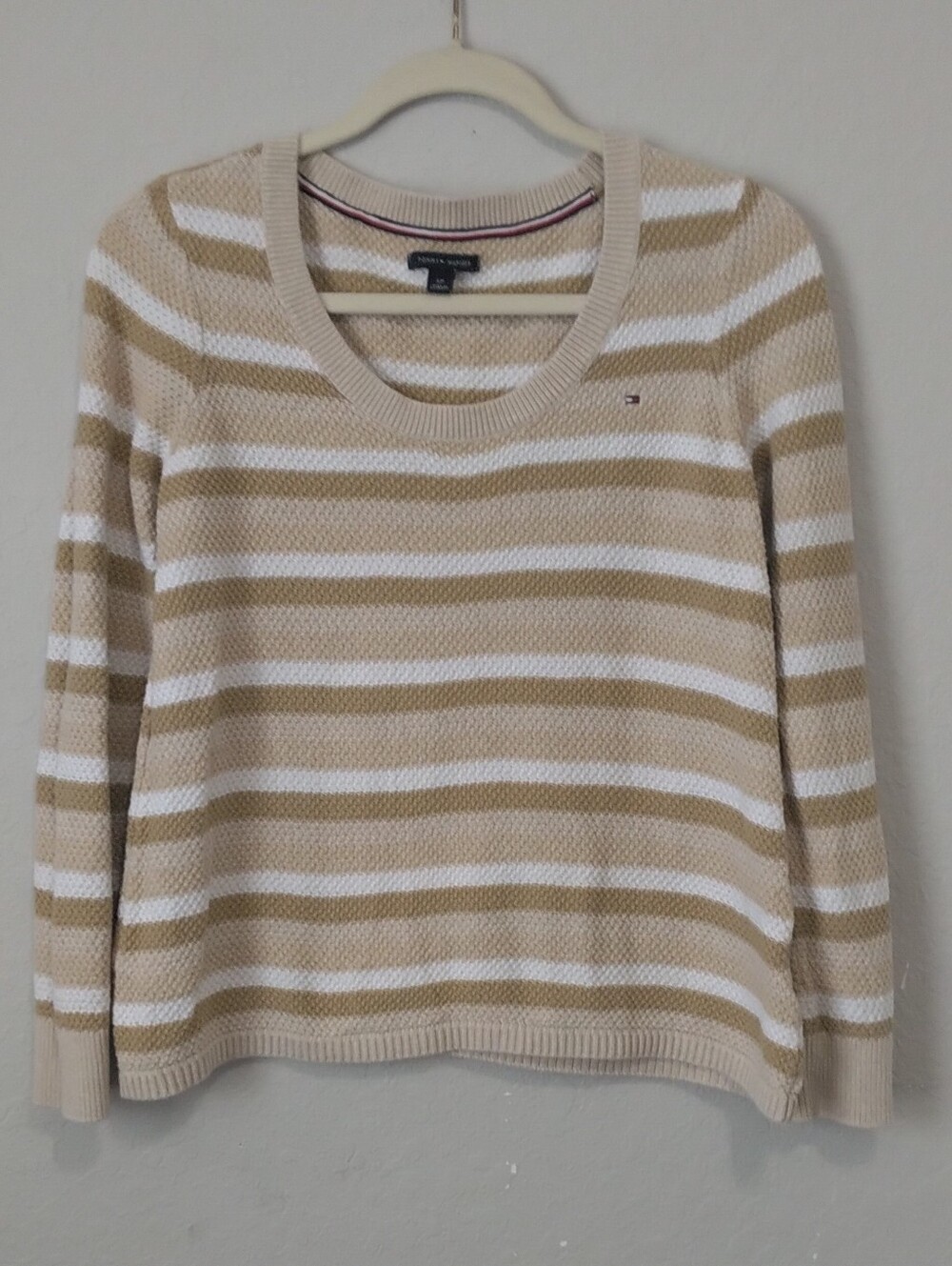 Tommy Hilfiger Beige Crewneck Sweater with Signature Stripe